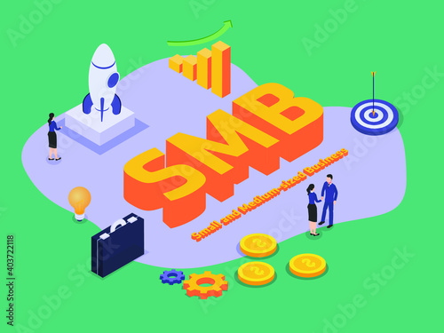 Small Medium sized business SMB 3D flat isometric vector concept for banner, website, illustration, landing page, flyer, etc.