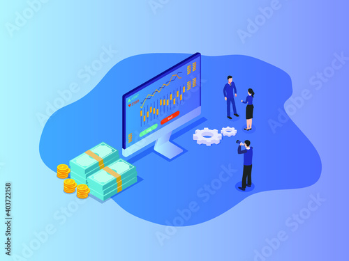 Business meeting profit outlook 3D flat isometric vector concept for banner, website, illustration, landing page, flyer, etc.