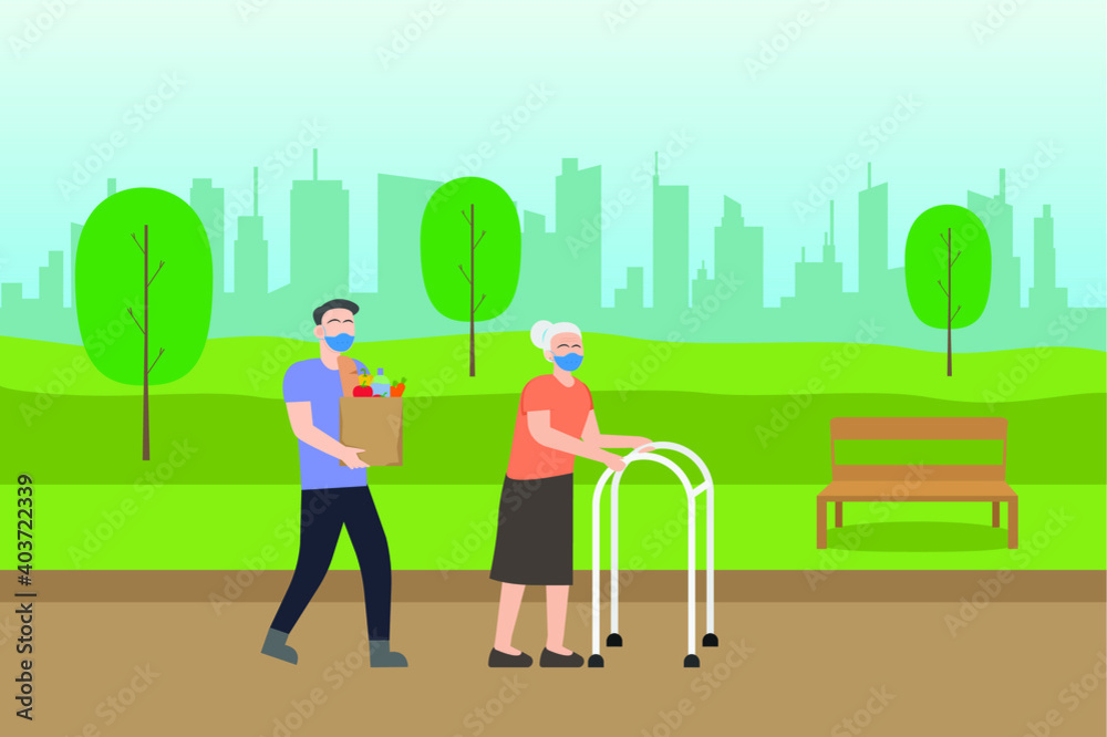Elderly woman with walking stick 2D flat vector concept for banner, website, illustration, landing page, flyer, etc. Elderly woman with walking stick 2D flat vector concept for banner, website, illustration, landing page, flyer, etc.