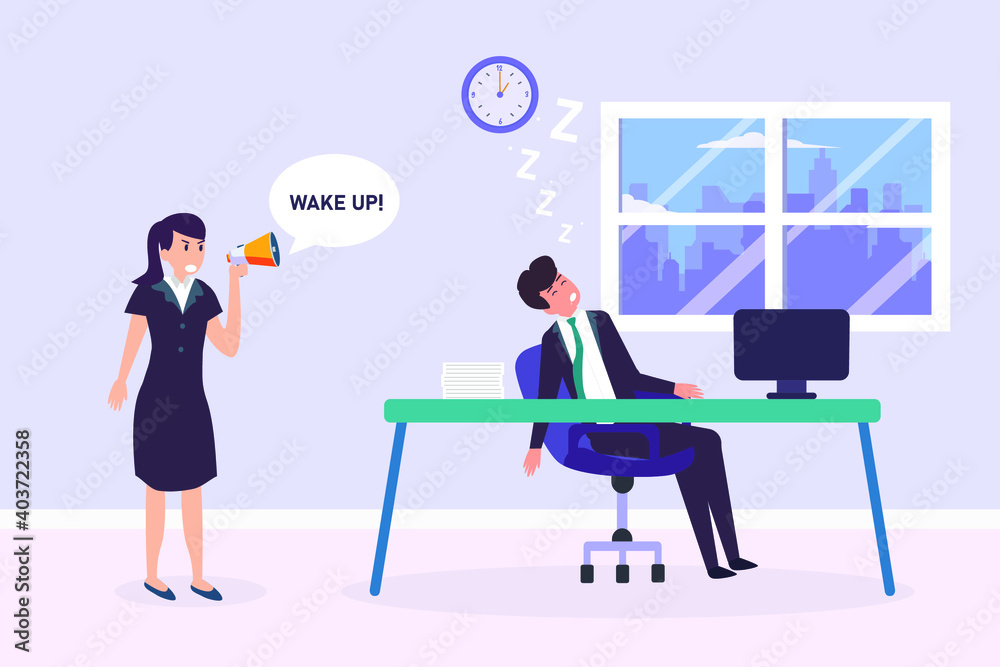 Angry lady boss waking up employee 2D flat vector concept for banner, website, illustration, landing page, flyer, etc. Angry lady boss waking up employee 2D flat vector concept for banner, website, illustration, landing page, flyer, etc.