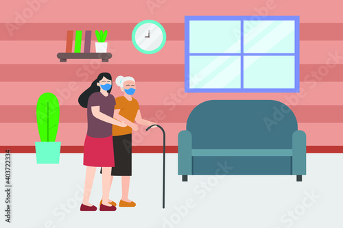Elderly woman with walking stick 2D flat vector concept for banner, website, illustration, landing page, flyer, etc.