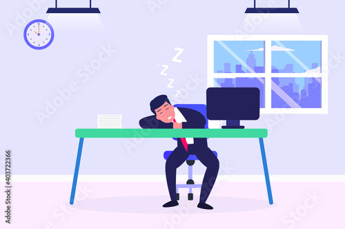 Tired businessman sleeping 2D flat vector concept for banner, website, illustration, landing page, flyer, etc.
