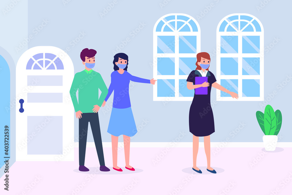Female real estate agent showing house to a young couple 2D flat vector concept for banner, website, illustration, landing page, flyer, etc. Female real estate agent showing house to a young couple 2D flat vector concept for banner, website, illustration, landing page, flyer, etc.