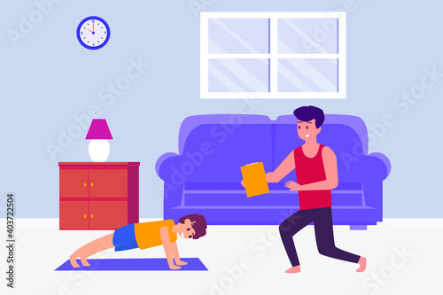 Father and son doing push up 2D flat vector concept for banner, website, illustration, landing page, flyer, etc.
