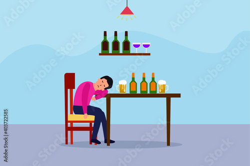 Alcoholic man drunks in a pub 2D flat vector concept for banner, website, illustration, landing page, flyer, etc.
