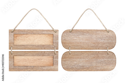 empty wooden sign frame with lope for hang on white background with clipping path photo