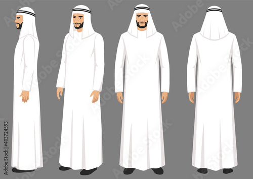 
Arab muslim man character isolated on white background. Muslim man wearing traditional clothing front, rear, side view.
 Vector arab illustration in flat style