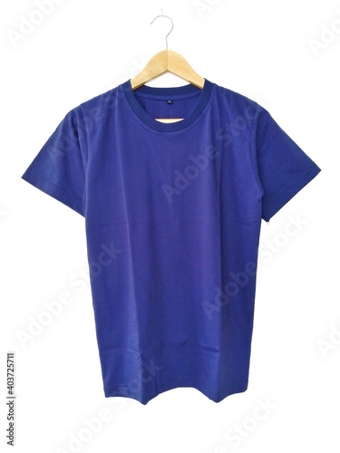 dark blue t shirt on hanger with white background