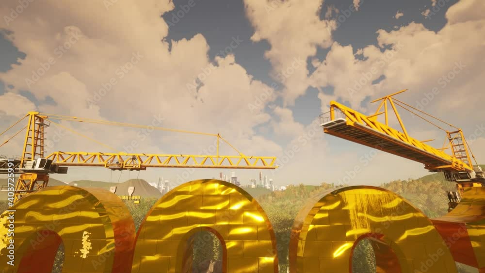 2021 construction 3d Rendering workers and heavy duty equipment at sun set new year building