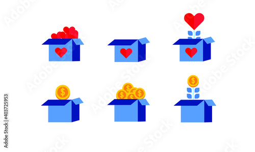 set collection donation box with big heart and coin flat icon illustration design