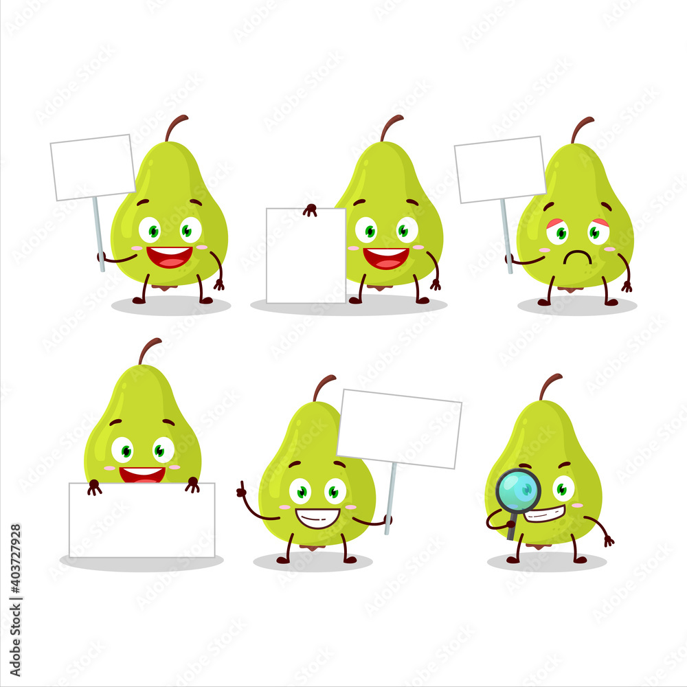 Obraz premium Green pear cartoon character bring information board