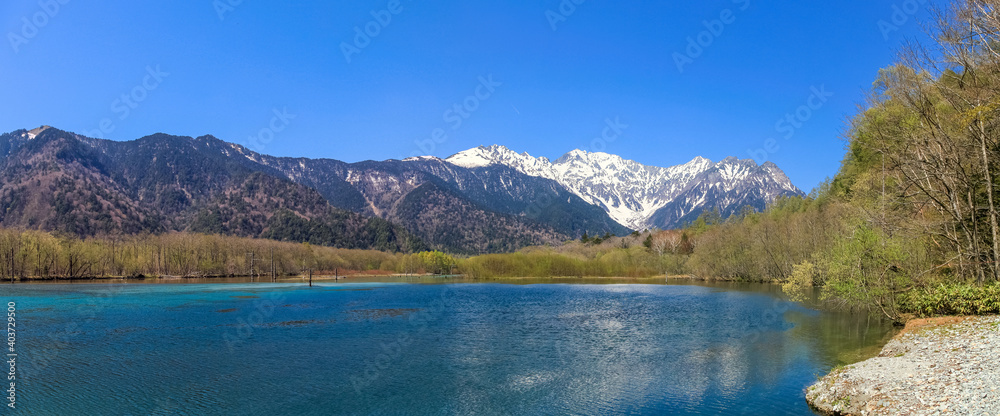 Kamikochi National Park in the Northern Japan Alps of Nagano Prefecture, Japan. Beautiful snow mountain with river.  One of the most beautiful place in Japan.