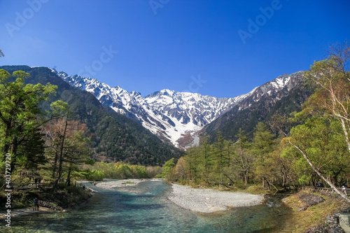Kamikochi National Park in the Northern Japan Alps of Nagano Prefecture  Japan. Beautiful snow mountain with river.  One of the most beautiful place in Japan.