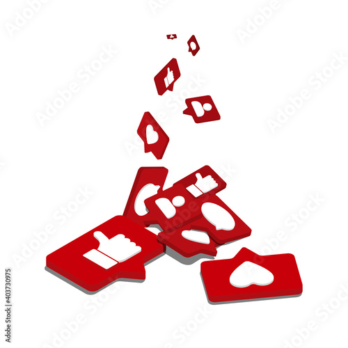 Social media notification icons are falling from the sky. Vector illustration in isometric style.