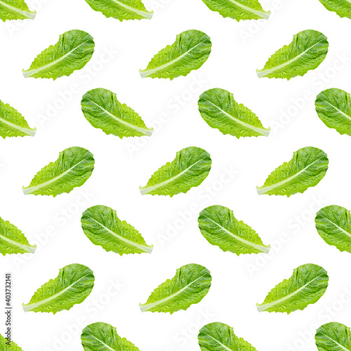 Fresh raw green romaine lettuce leaves seamless pattern on white background. © KatMoy