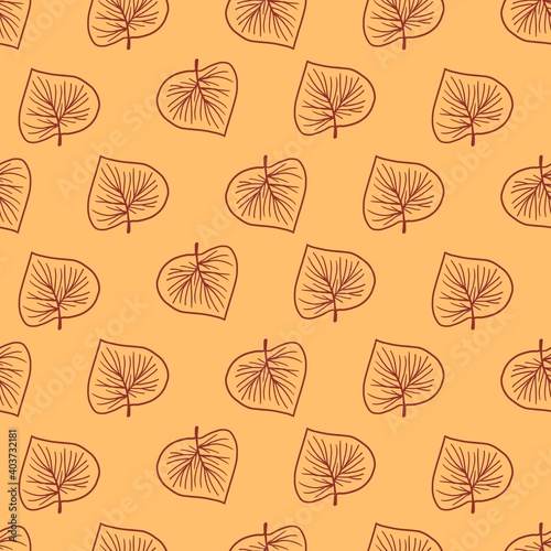 Yellow Background Seamless Pattern with Decorated Leaves Vector Line Art Drawing