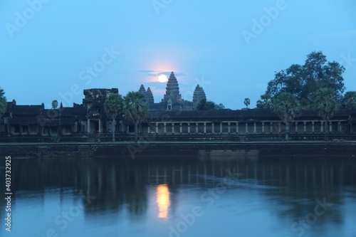 Cambodia. Angkor Wat temple. Full moon. The Hindu temple was built at the beginning of the 12th century, during the reign of Suryavarlam II. Siem Reap province. 