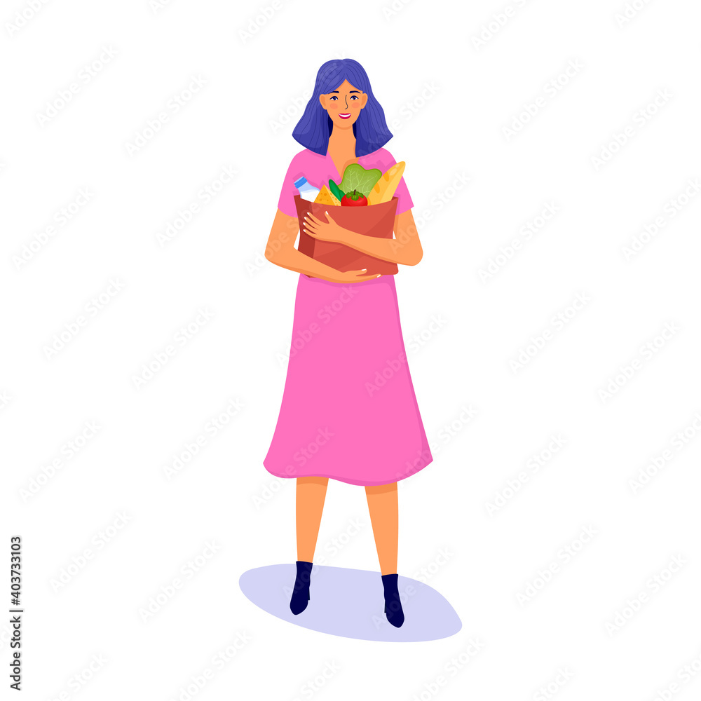 happy woman with groceries. Girl is holding paper bag with tomatoes cheese loaf of bread milk. Purchase sale ecological farm products. Eco-products. Vector illustration white background flat style happy woman with groceries. Girl is holding paper bag with tomatoes cheese loaf of bread milk. Purchase sale ecological farm products. Eco-products. Vector illustration white background flat style