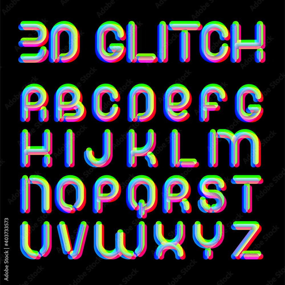 3d Glitch effect font. Latin letters from A to Z. Trending 2021 typerface design. For music events, banner, flyer, cover design.