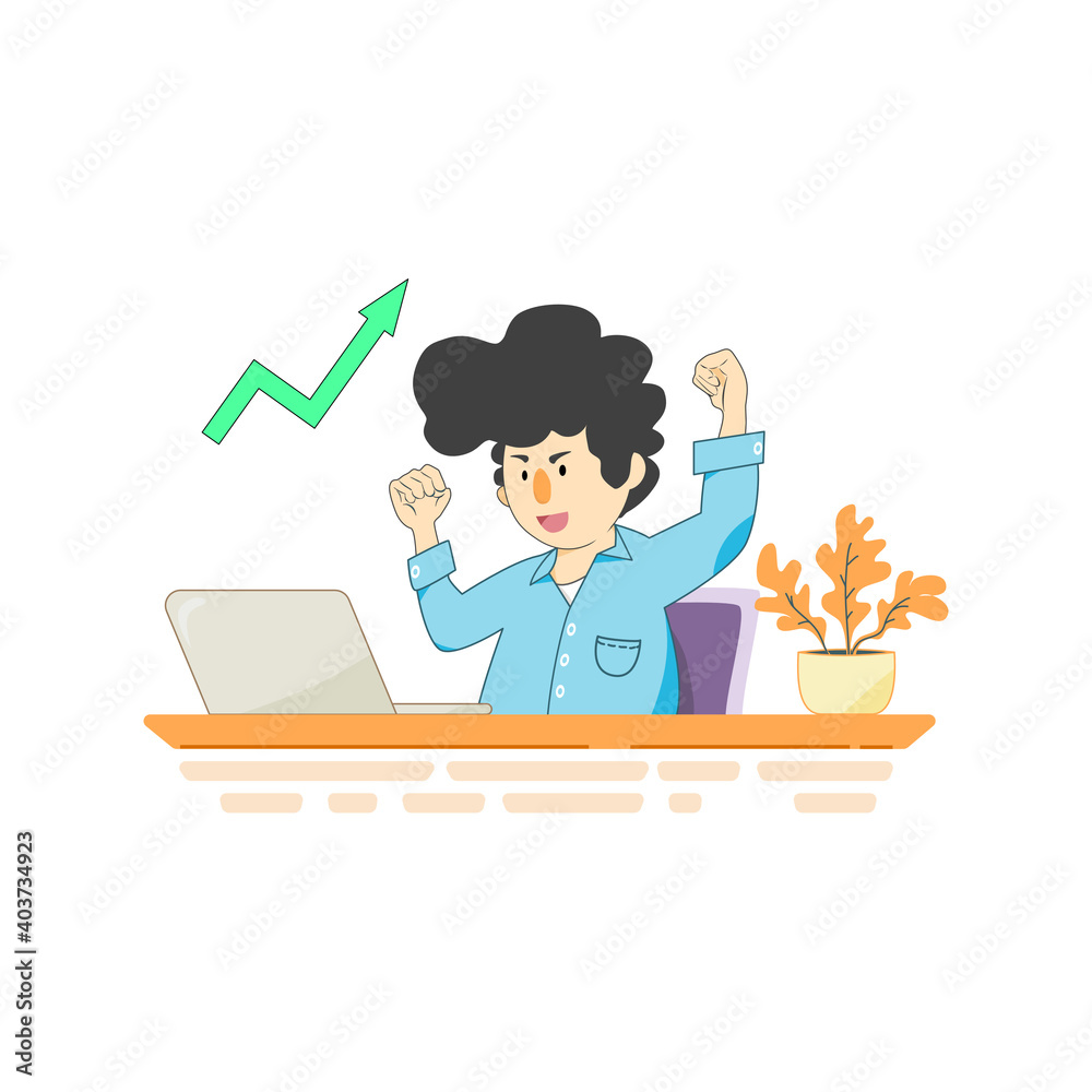 Home office vector illustration: Doing work on a laptop. A man works and acts happily after the job finished successfully. Home office vector illustration: Doing work on a laptop. A man works and acts happily after the job finished successfully.