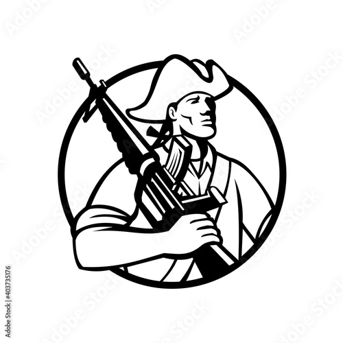 American Patriot Revolutionary Solder with Assault Rifle Mascot Black and White