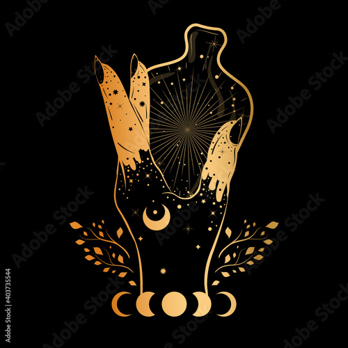 Witch's hand holding a bottle with magic potion. Alchemy concept. Gothic style illustration.
