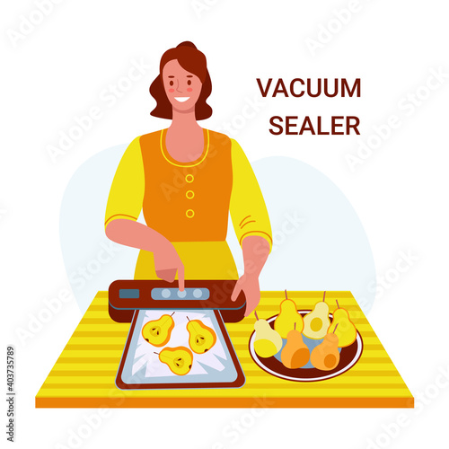 Young woman with a vacuum sealer. Vector illustration in flat cartoon style, isolated on white background.