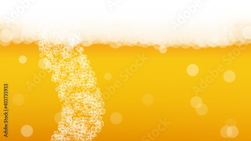 Oktoberfest background. Beer foam. Craft lager splash. Cold pint of ale with realistic white bubbles. Cool liquid drink for pub banner concept. Gold bottle with oktoberfest.