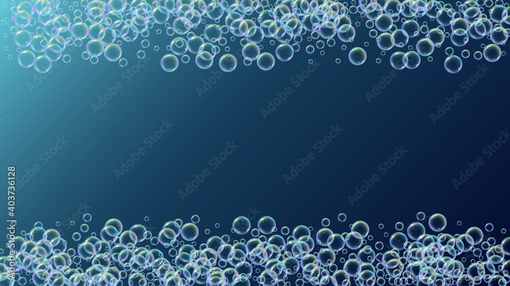 Shampoo bubble. Detergent bath foam, suds and soap for bathtub. 3d vector illustration poster. Stylish fizz and splash. Realistic water frame and border. Blue colorful liquid shampoo bubble.