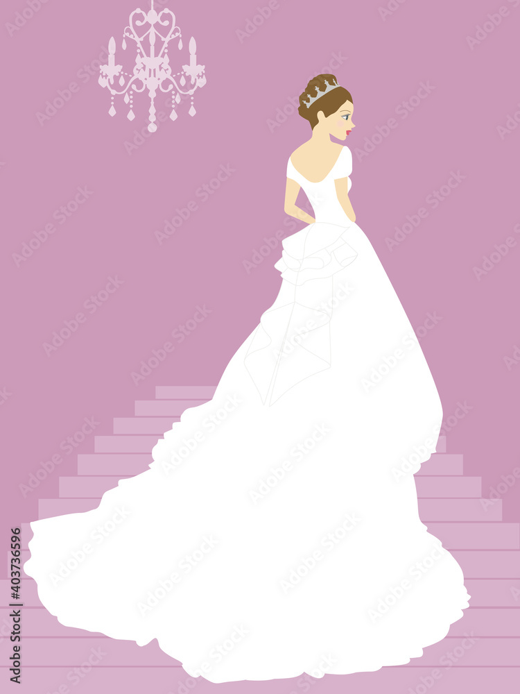A princess with tiara in white dress on the stairs. A princess with tiara in white dress on the stairs.