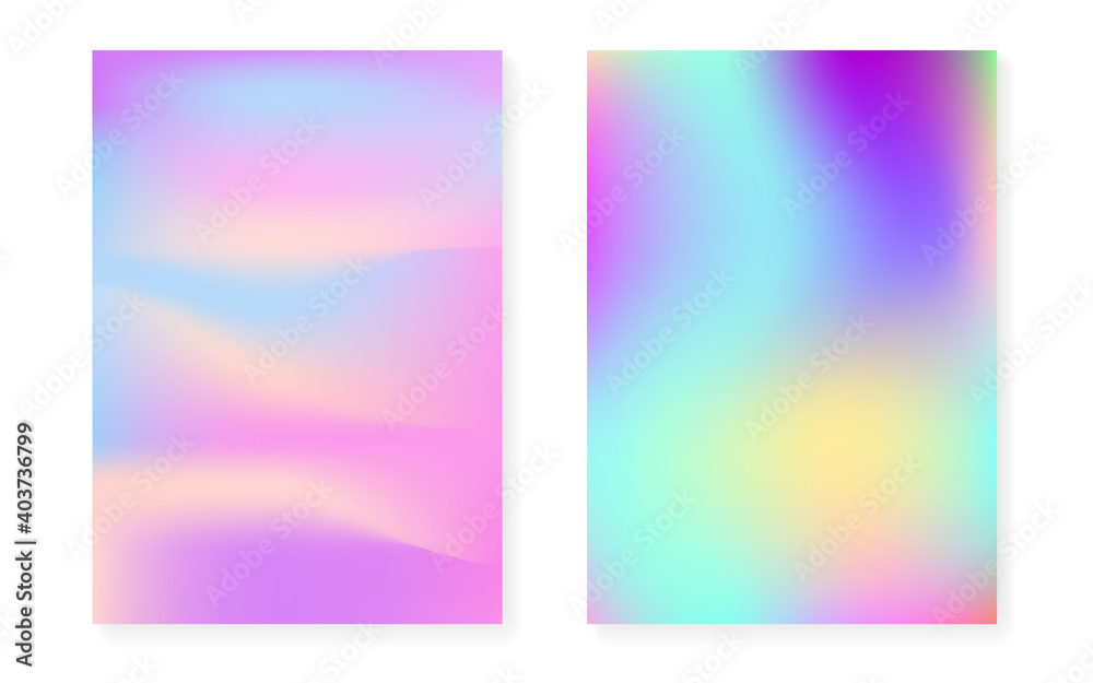 Hologram gradient background set with holographic cover. 90s, 80s retro style. Pearlescent graphic template for book, annual, mobile interface, web app. Trendy minimal hologram gradient.
