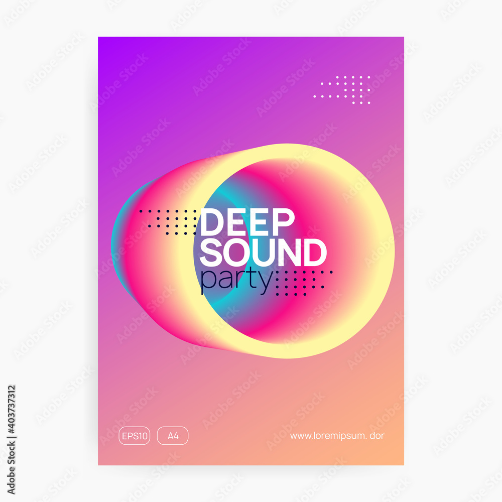 Music poster. Dynamic techno party banner design. Electronic sound. Night  dance lifestyle holiday. Fluid holographic gradient shape and line. Summer  fest flyer and music poster. Stock Vector