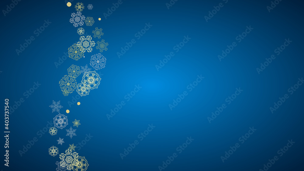 New Year frame with gold snowflakes on blue background. Horizontal Christmas and New Year frame for gift certificate, ads, banner, flyer, sales offers, event invitations. Glitter snow with sparkle New Year frame with gold snowflakes on blue background. Horizontal Christmas and New Year frame for gift certificate, ads, banner, flyer, sales offers, event invitations. Glitter snow with sparkle