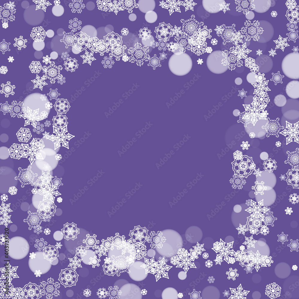 Snowflake border with ultraviolet snow. New Year backdrop. Winter frame for flyer, gift card, invitation, business offer and ad. Christmas trendy background. Holiday banner with snowflake border