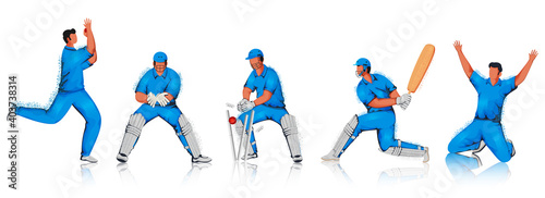 Cartoon Cricket Players Team In Different Pose With Noise Effect On White Background.