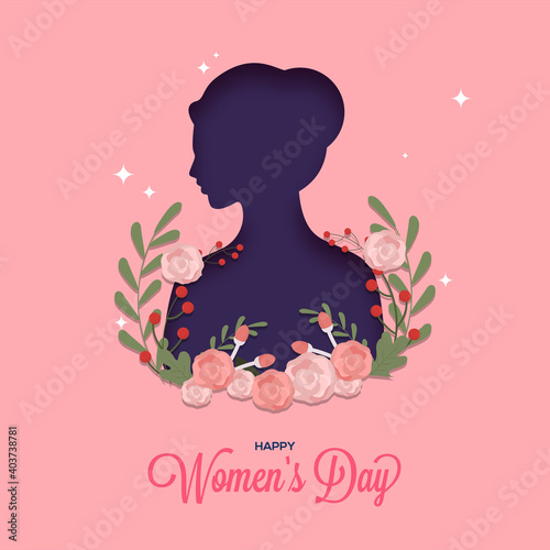 Paper Cut Female Face Decorated With Floral On Pink Background For Happy Women s Day Concept.