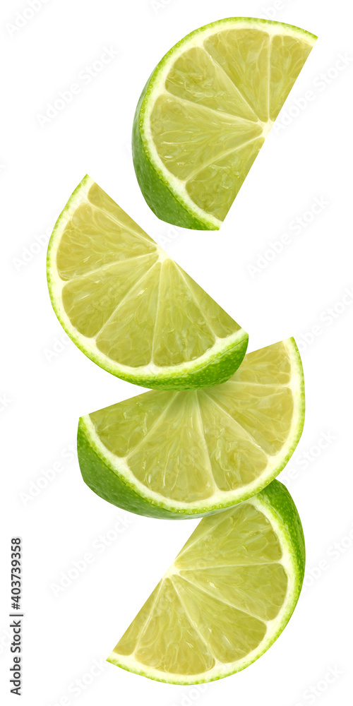 falling pieces of lime isolated on white background.