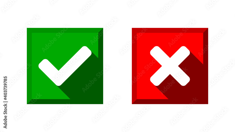 Yes and No or Right and Wrong or Approved and Declined Icons with Check Mark and X Signs with Shadow in Green and Red Squares with Rounded Corners. Vector Image. Yes and No or Right and Wrong or Approved and Declined Icons with Check Mark and X Signs with Shadow in Green and Red Squares with Rounded Corners. Vector Image.