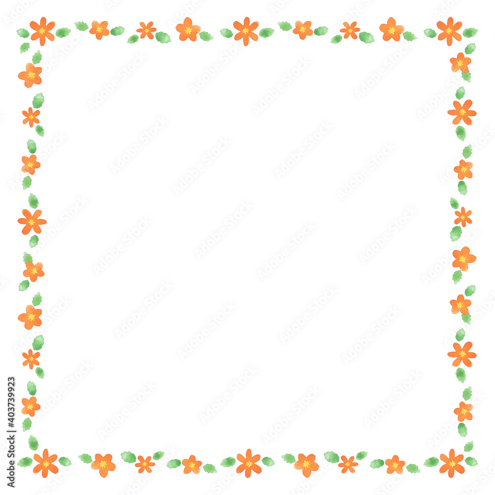 水彩の飾りフレーム　オレンジ色の花　正方形