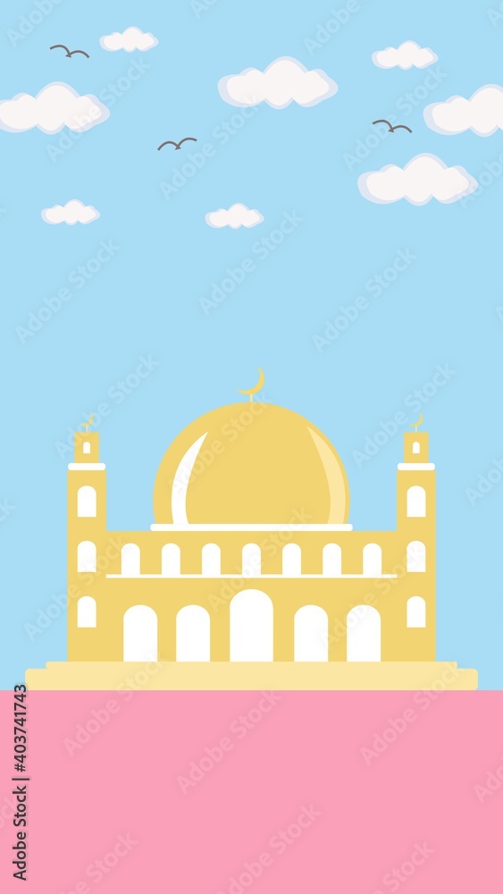 Fototapeta premium Beautifull Mosque, with cloud and bird. vector illustration on a blue background for ramadan theme. colorful picture. Perfect for story media social and handphone wallpaper. 
