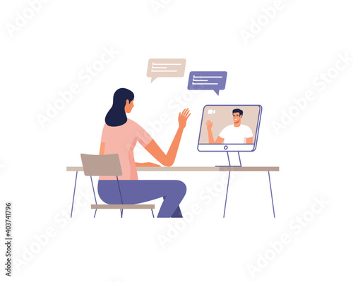 Young woman communicate online using a computer. Man on the screen of devices. Remote communication concept of online meeting, dating, call and video. Vector illustration.