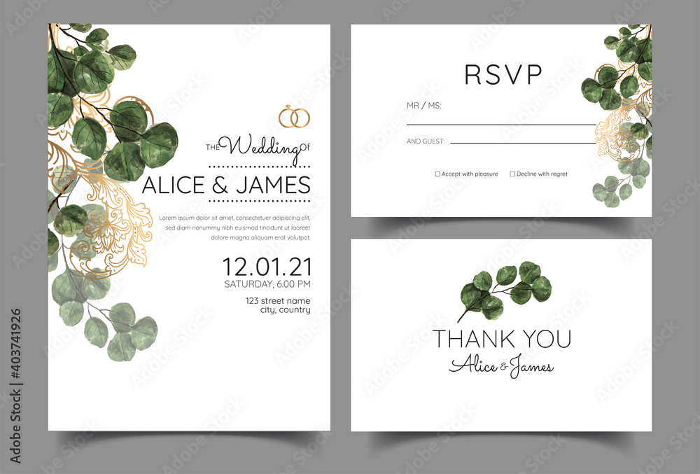 wedding invitation with watercolor eucalyptus leaves