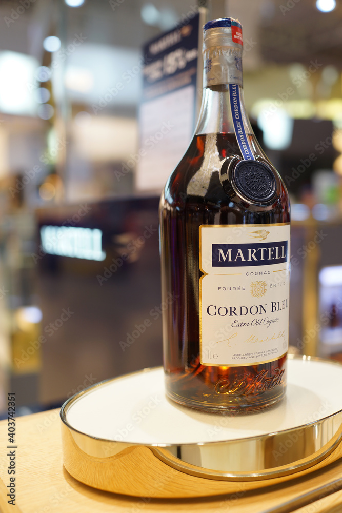 Martell Cognac Cordon Bleu Extra Old display on store shelf in KLIA