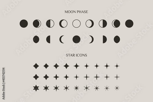Set of Moon Phase And Stars Sparkles Sign Symbol in a Trendy Minimal Style. Vector Icons for Creating Logos, Patterns and Web design