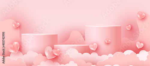 Abstract soft pink minimal scene with geometric forms for advertising brand products. Valentines Day greeting card. Minimal scene. Horizontal minimal poster, flyer, greeting card, header for website