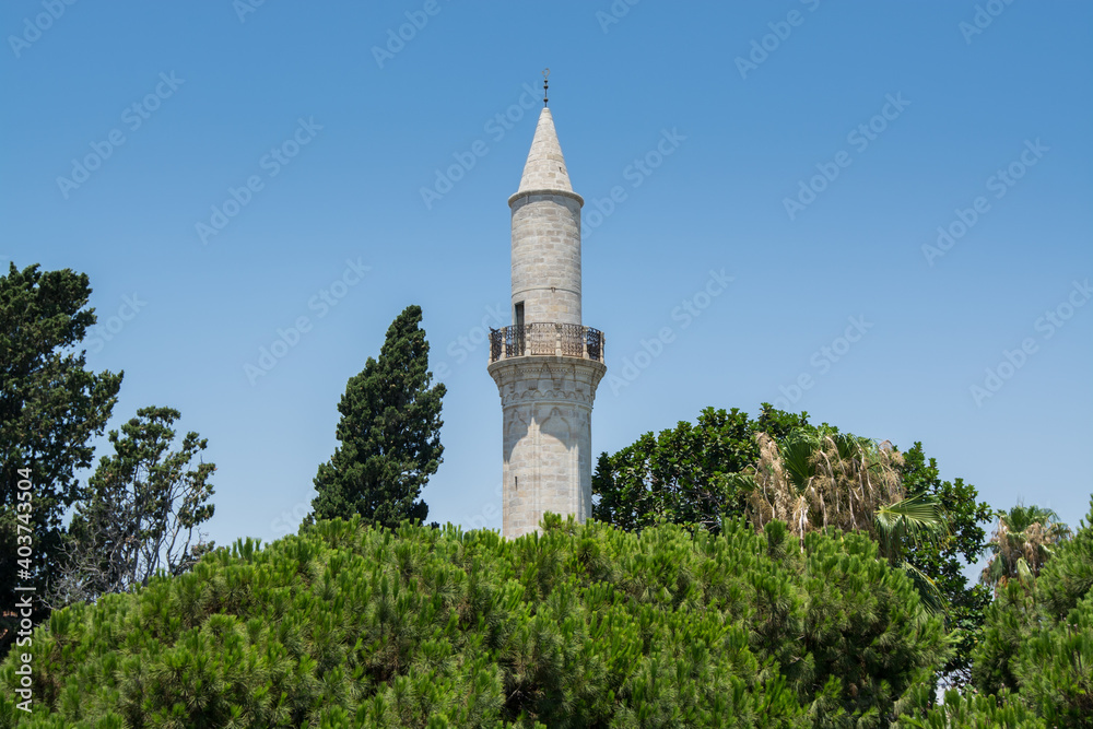 Minaret of Buyuk or Djami Kebir Mosque in Larnaca of Cyprus. 
