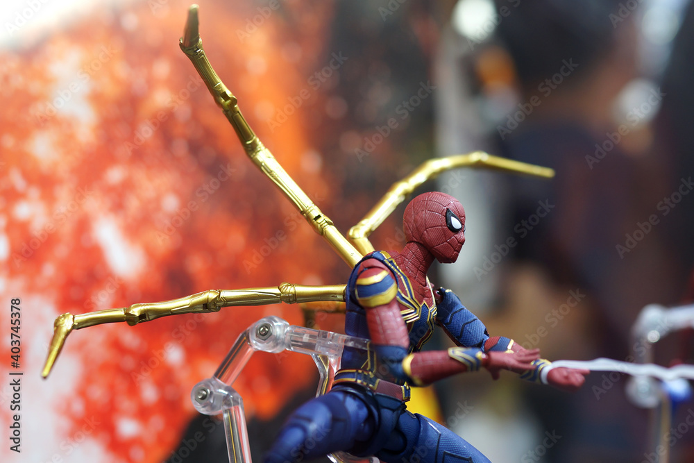 Obraz premium Close up Spider-Man figures on display shelf in Ximending shopping Mall. The Avengers are a fictional team of superheroes appearing in American comic books by Marvel.