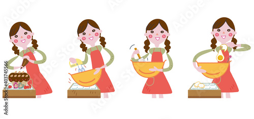 楽しそうにスイーツをつくる女性　セット　イラスト