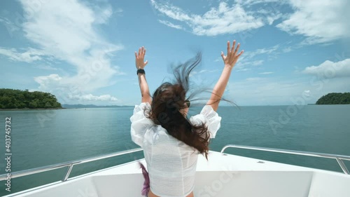 excited tourist enjoying and relaxing on speedboat excited tourist enjoying and relaxing on speedboat