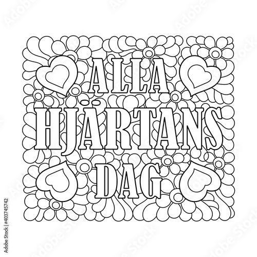 Coloring book for Valentine's Day in Swedish. Text, flowers, and abstract elements.